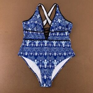 Flatter Me Women's US Size XL Blue Criss Cross V Neck One Piece Swimsuit NWT